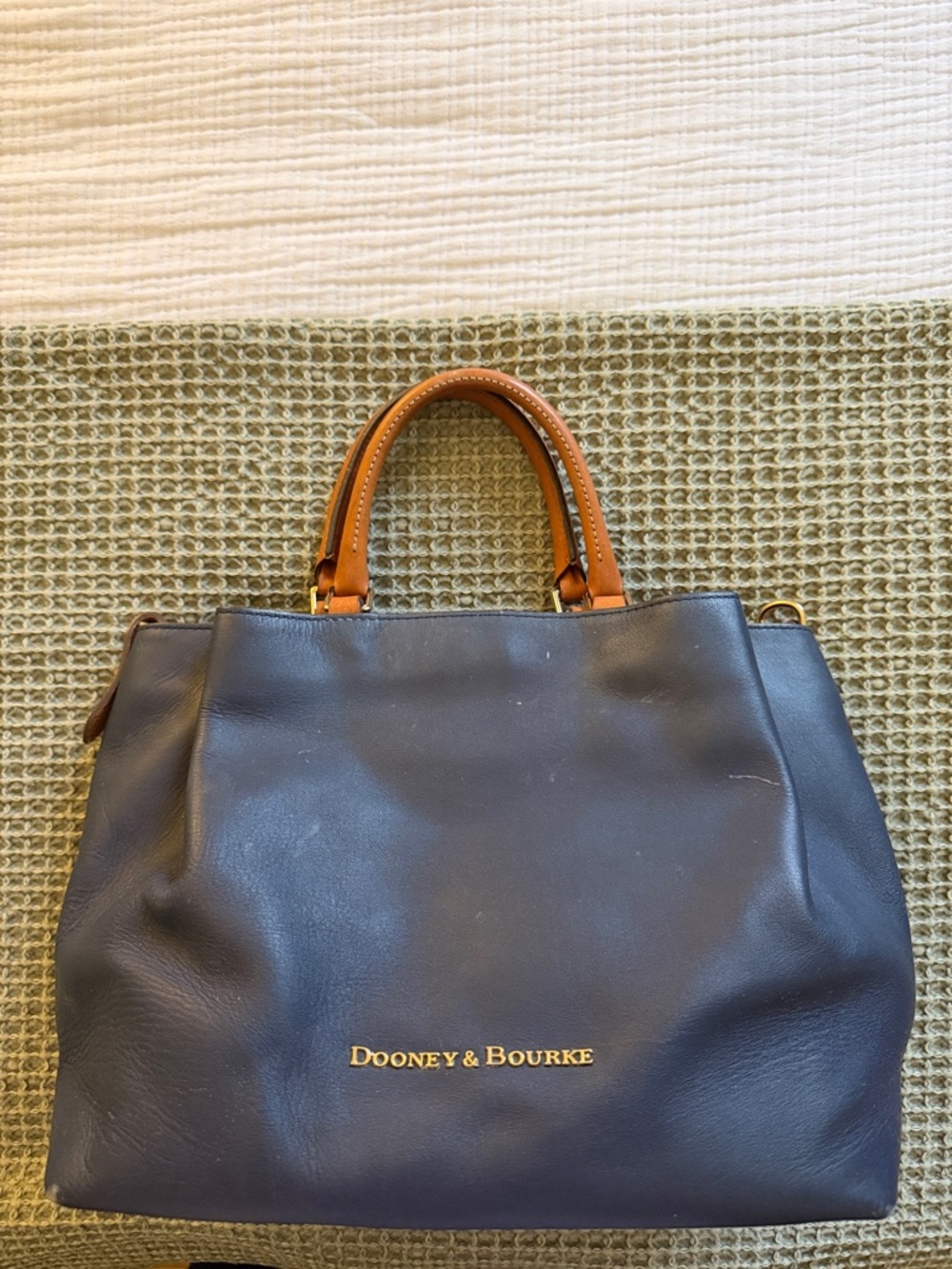 Dooney & Bourke Navy Leather Satchel with Tan Handles and Gold Logo